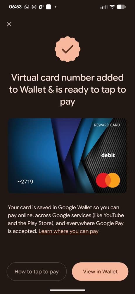 Virtual card added to a mobile wallet, ready to tap to pay